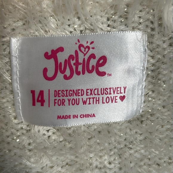 Justice Clothing Tween Open Front Fuzzy Eyelash Winter White and Gold Cardigan - Picture 4 of 6